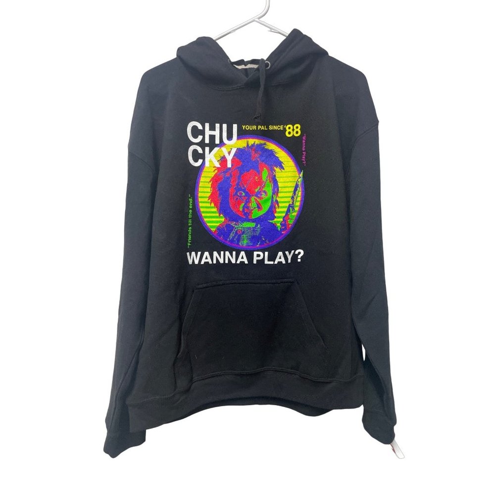 NWOT‎ Chucky Child's Play "Wanna Play?" Black Universal City Studios Sz Large